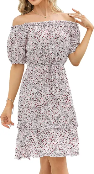MISSKY Women's Off The Shoulder Dresses Ruffle Trim Neck Puffy Sleeve Boho Floral A-Line Fall Wedding Guest Party Dress