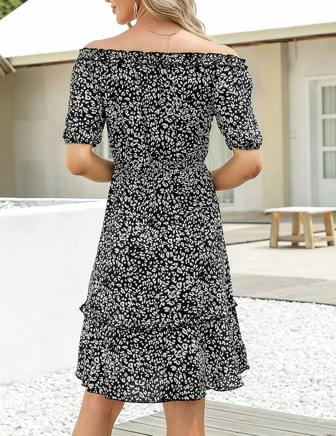 MISSKY Women's Off The Shoulder Dresses Ruffle Trim Neck Puffy Sleeve Boho Floral A-Line Fall Wedding Guest Party Dress