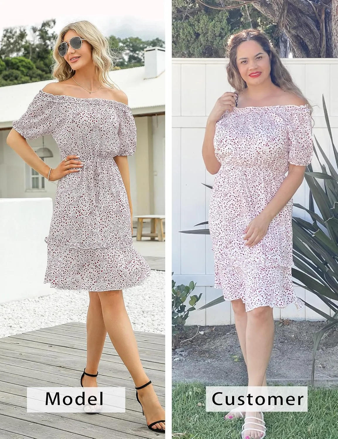 MISSKY Women's Off The Shoulder Dresses Ruffle Trim Neck Puffy Sleeve Boho Floral A-Line Fall Wedding Guest Party Dress