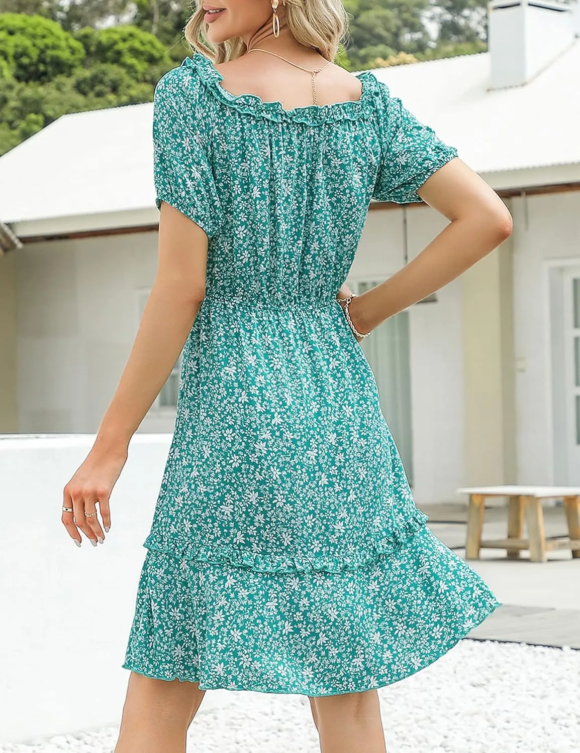 MISSKY Women's Off The Shoulder Dresses Ruffle Trim Neck Puffy Sleeve Boho Floral A-Line Fall Wedding Guest Party Dress