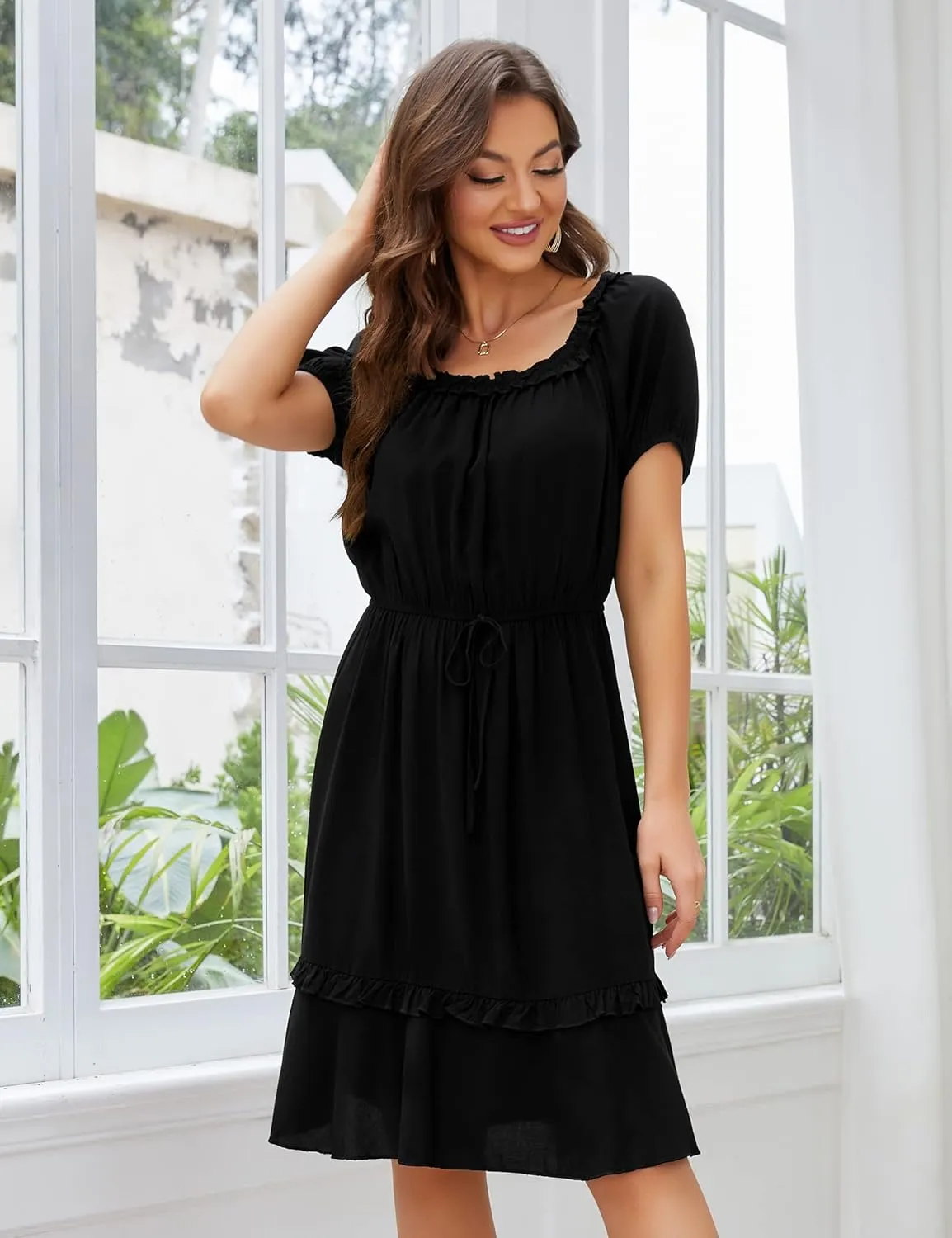 MISSKY Women's Off The Shoulder Dresses Ruffle Trim Neck Puffy Sleeve Boho Floral A-Line Fall Wedding Guest Party Dress