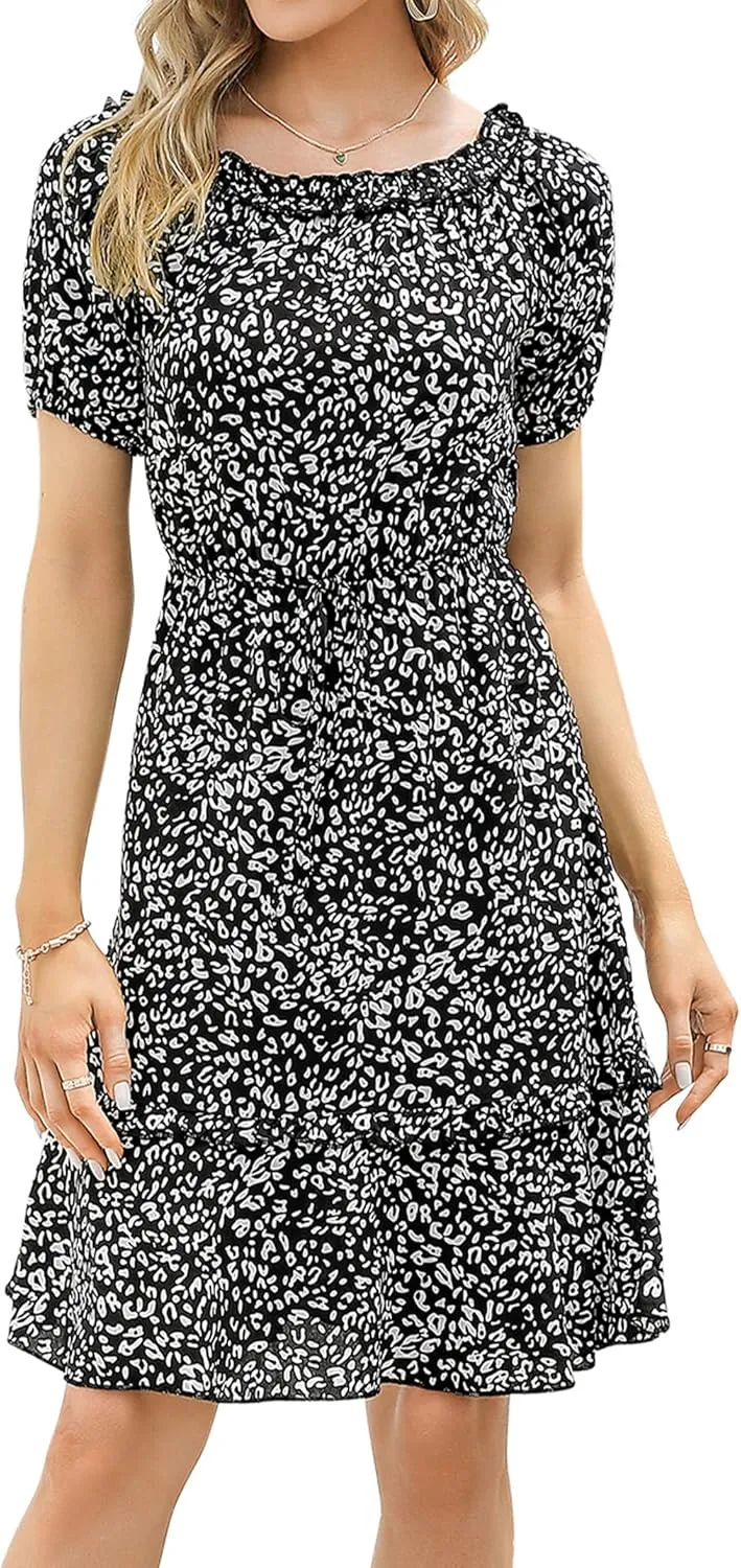 MISSKY Women's Off The Shoulder Dresses Ruffle Trim Neck Puffy Sleeve Boho Floral A-Line Fall Wedding Guest Party Dress