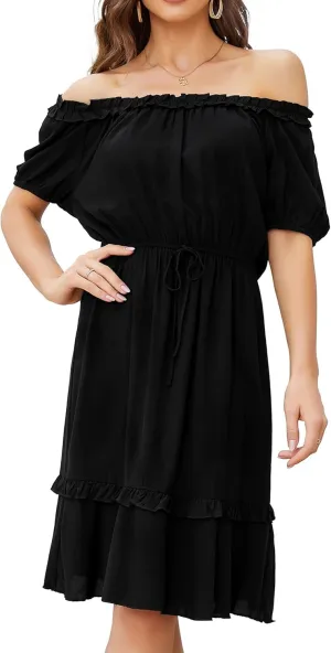 MISSKY Women's Off The Shoulder Dresses Ruffle Trim Neck Puffy Sleeve Boho Floral A-Line Fall Wedding Guest Party Dress