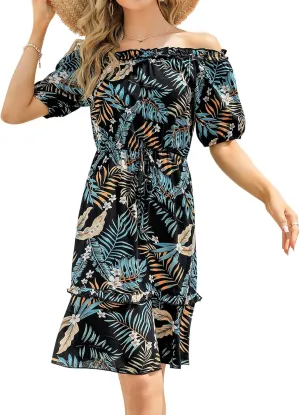 MISSKY Women's Off The Shoulder Dresses Ruffle Trim Neck Puffy Sleeve Boho Floral A-Line Fall Wedding Guest Party Dress