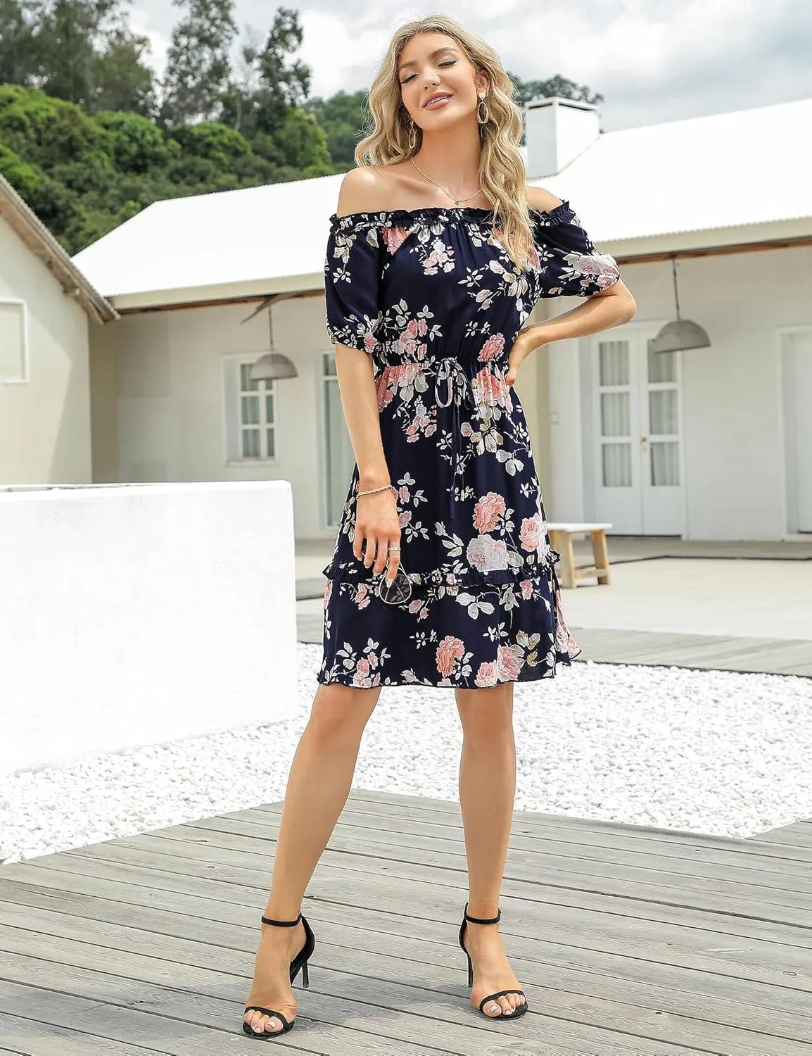 MISSKY Women's Off The Shoulder Dresses Ruffle Trim Neck Puffy Sleeve Boho Floral A-Line Fall Wedding Guest Party Dress
