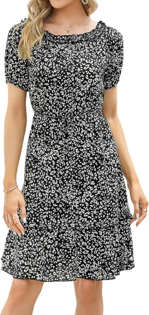 MISSKY Women's Off The Shoulder Dresses Ruffle Trim Neck Puffy Sleeve Boho Floral A-Line Fall Wedding Guest Party Dress