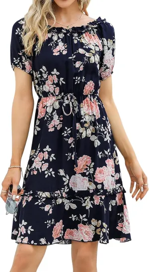 MISSKY Women's Off The Shoulder Dresses Ruffle Trim Neck Puffy Sleeve Boho Floral A-Line Fall Wedding Guest Party Dress