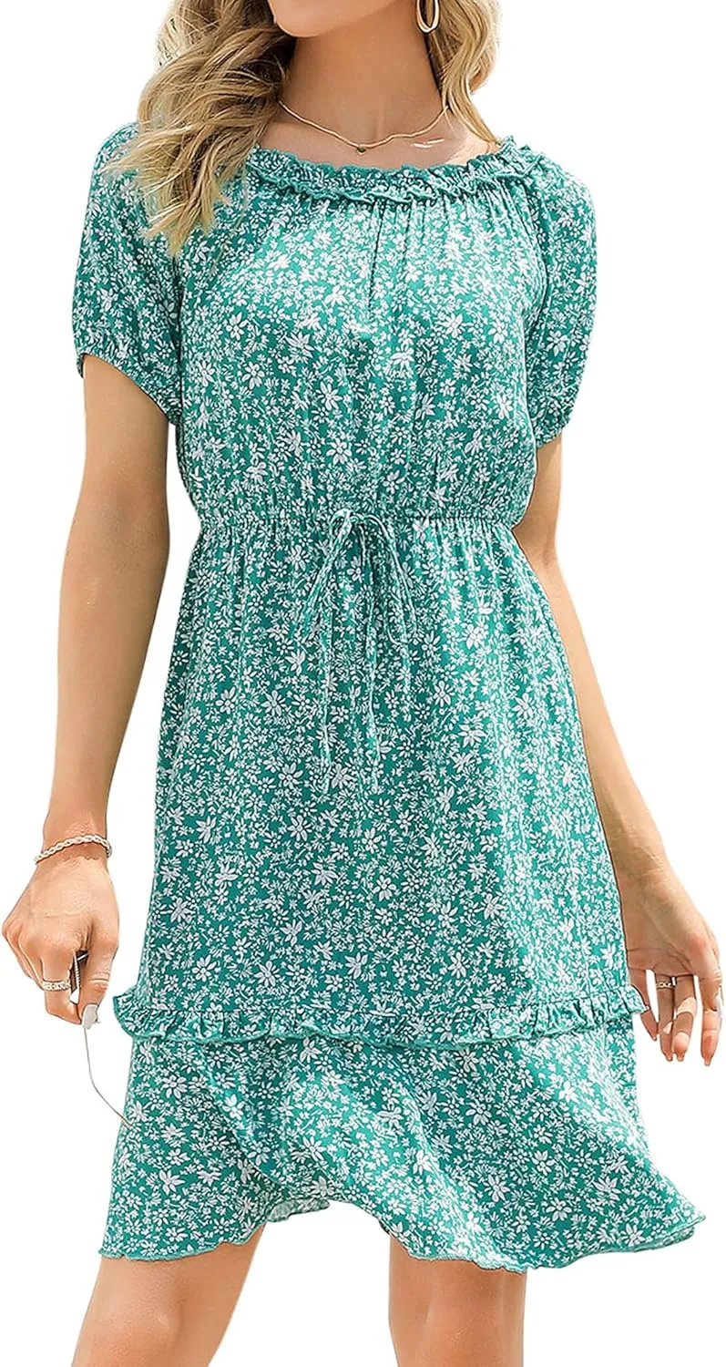 MISSKY Women's Off The Shoulder Dresses Ruffle Trim Neck Puffy Sleeve Boho Floral A-Line Fall Wedding Guest Party Dress