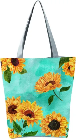 New Women's Slouchy Large Capacity Zippered Sunflower Printed Shoulder Bag Shoulder Tote Bag for Women (D, One Size)