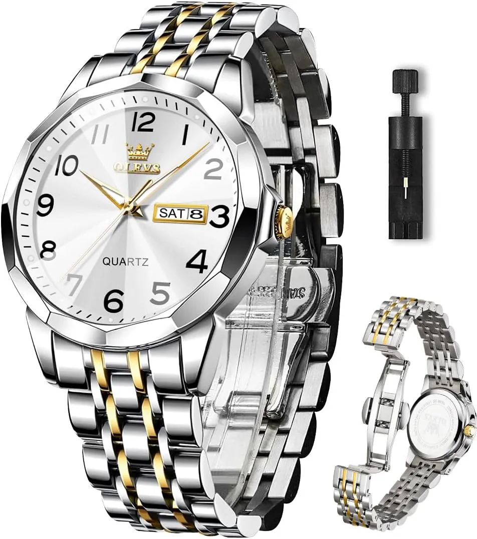 OLEVS Mens Watch, Dress Stainless Steel Analog Quartz Watches for Men with Day Date, Silver Gold Silver Two Tone Big Face Large Waterproof Luxury Casual Easy to Read Number Dial Men's Wrist Watch