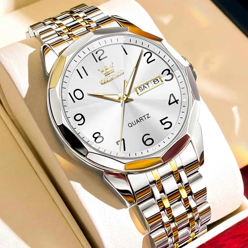OLEVS Mens Watch, Dress Stainless Steel Analog Quartz Watches for Men with Day Date, Silver Gold Silver Two Tone Big Face Large Waterproof Luxury Casual Easy to Read Number Dial Men's Wrist Watch