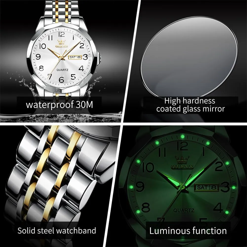 OLEVS Mens Watch, Dress Stainless Steel Analog Quartz Watches for Men with Day Date, Silver Gold Silver Two Tone Big Face Large Waterproof Luxury Casual Easy to Read Number Dial Men's Wrist Watch