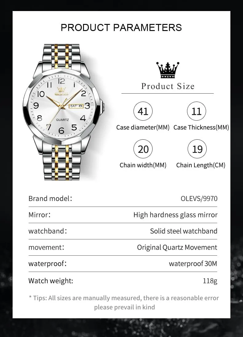OLEVS Mens Watch, Dress Stainless Steel Analog Quartz Watches for Men with Day Date, Silver Gold Silver Two Tone Big Face Large Waterproof Luxury Casual Easy to Read Number Dial Men's Wrist Watch
