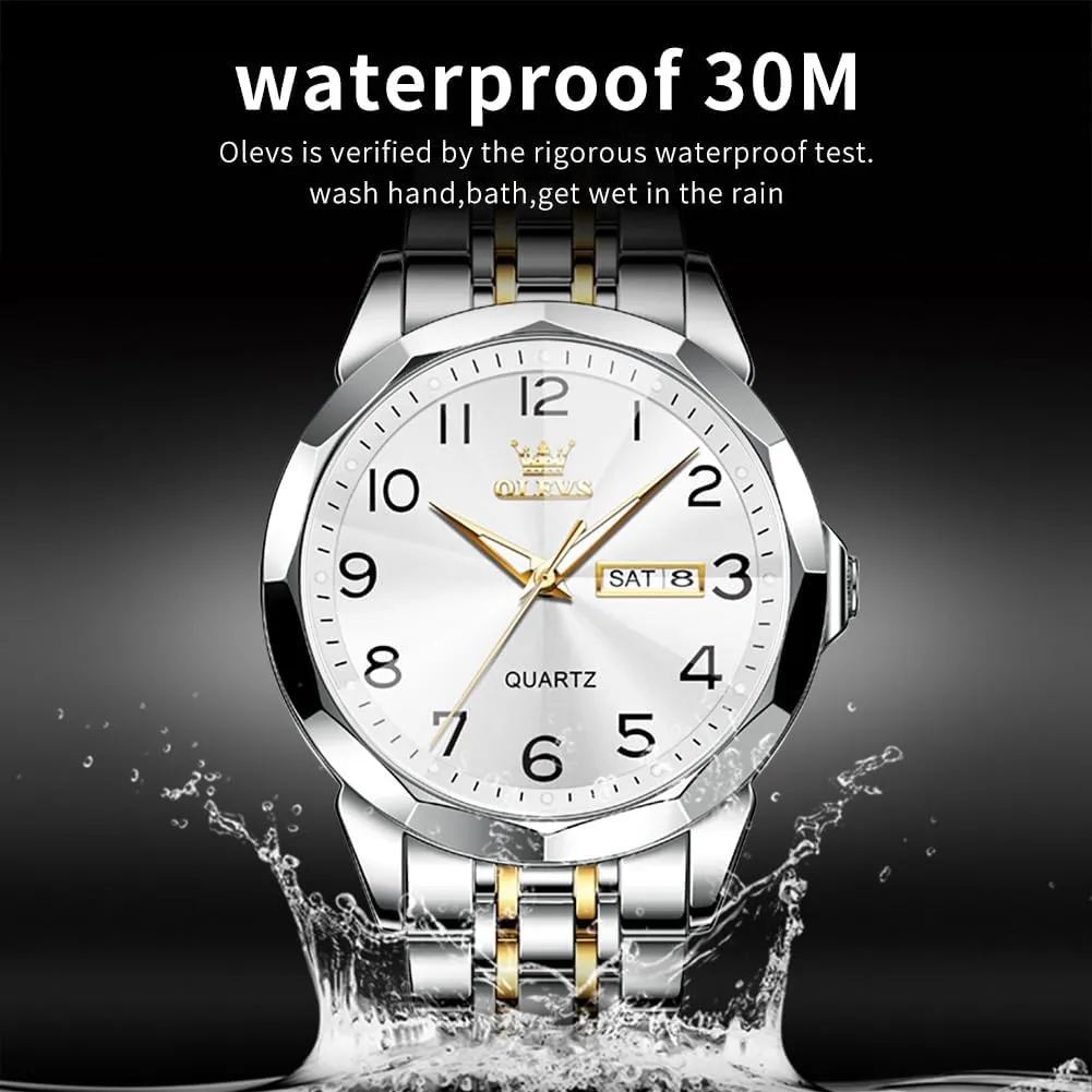 OLEVS Mens Watch, Dress Stainless Steel Analog Quartz Watches for Men with Day Date, Silver Gold Silver Two Tone Big Face Large Waterproof Luxury Casual Easy to Read Number Dial Men's Wrist Watch
