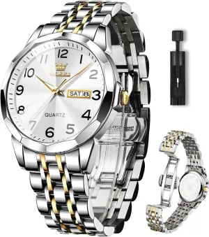 OLEVS Mens Watch, Dress Stainless Steel Analog Quartz Watches for Men with Day Date, Silver Gold Silver Two Tone Big Face Large Waterproof Luxury Casual Easy to Read Number Dial Men's Wrist Watch