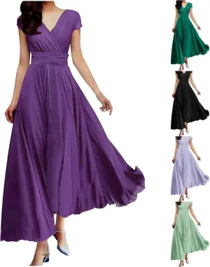 Oplxuo V Neck Long Bridesmaid Dresses Cap Sleeves Pleated Chiffon Formal Evening Prom Gown Plus Size Maxi Dress for Women
