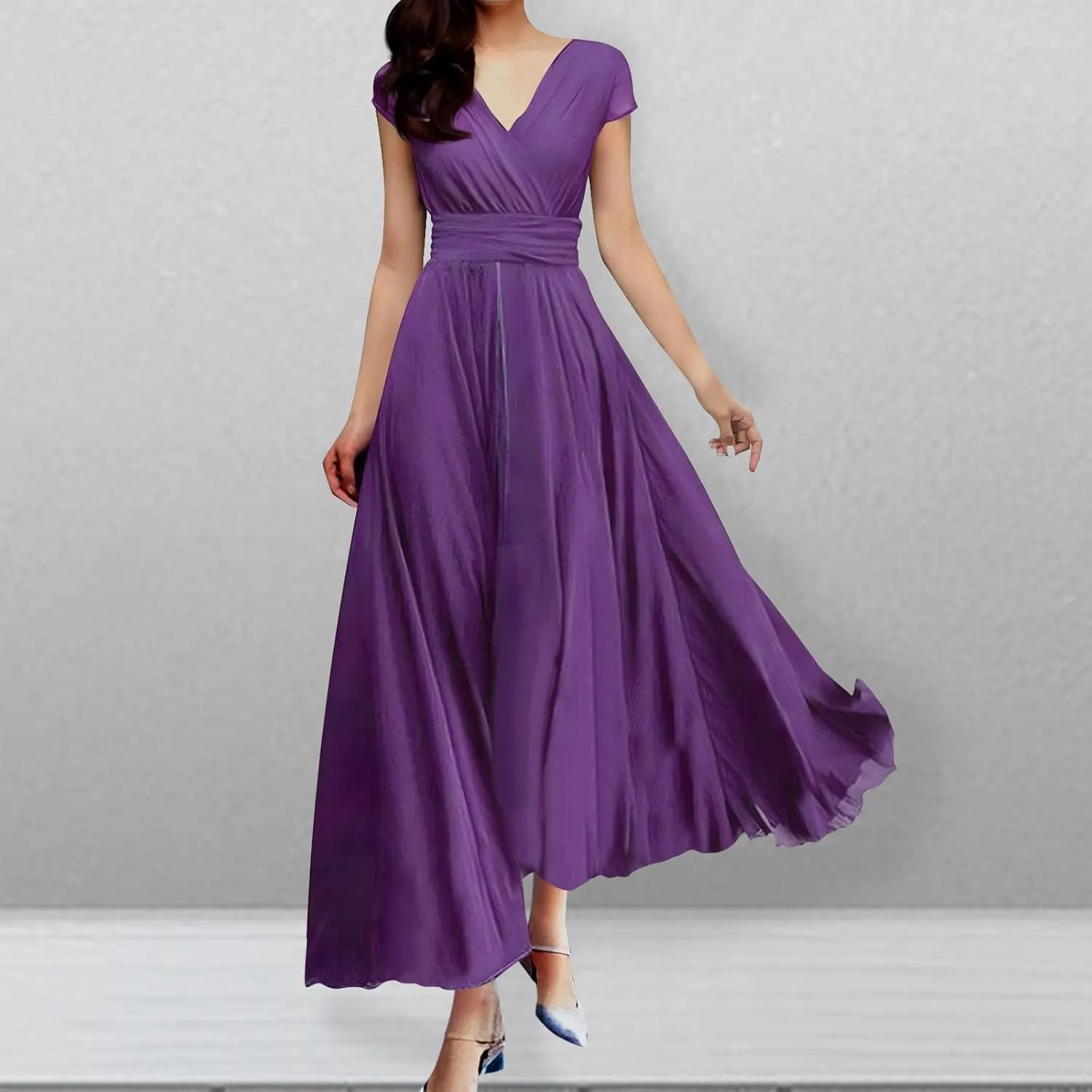 Oplxuo V Neck Long Bridesmaid Dresses Cap Sleeves Pleated Chiffon Formal Evening Prom Gown Plus Size Maxi Dress for Women