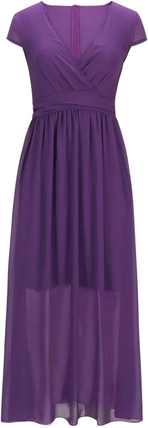 Oplxuo V Neck Long Bridesmaid Dresses Cap Sleeves Pleated Chiffon Formal Evening Prom Gown Plus Size Maxi Dress for Women