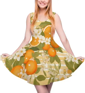 Orange Blossom Flower Women's Dress Round Neck Dress Sleeveless Tank Dress Ruffle Hem Mini Dresses XL