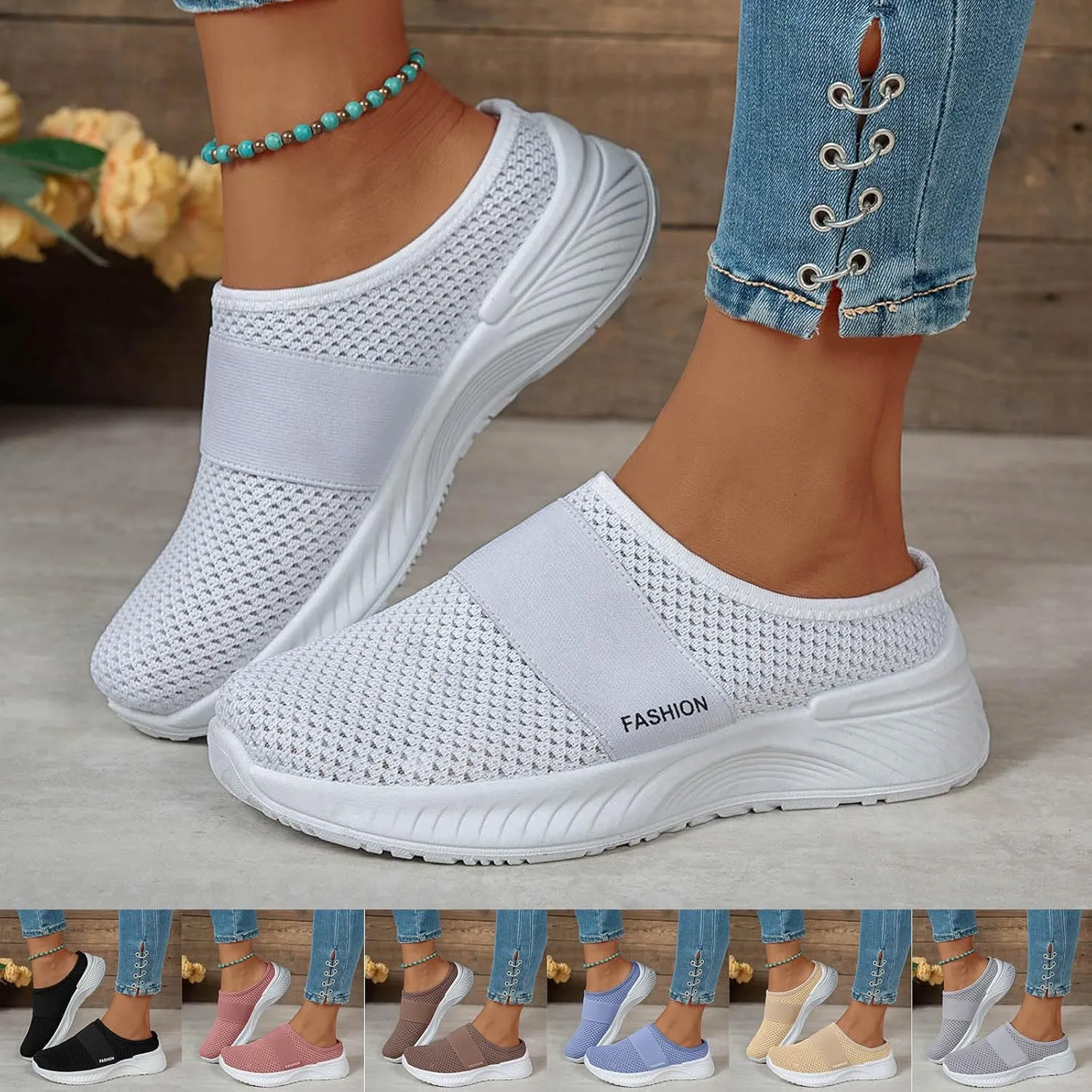 Orthopedic Shoes for Women 2025 Backless Walking Sneakers Summer Slip-On Mule Mesh Diabetic Shoe Arch Support Open Back Slip On Slides