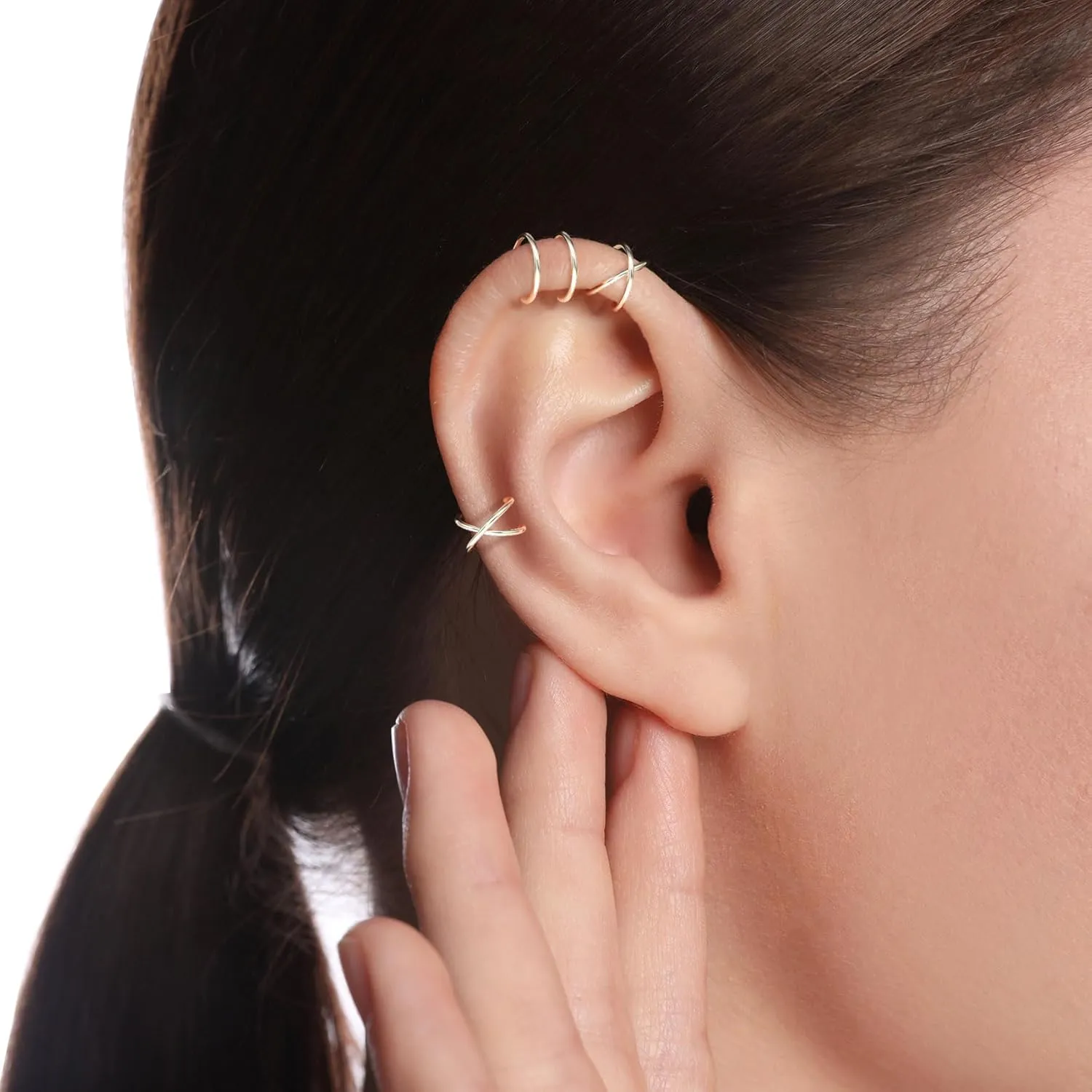 PAGOW Fake Helix Ear Cuff Cartilage Earring No Piercing 925 Sterling Silver,14K Gold Simple Criss Cross Double Lines Adjustable Minimalist CZ Women Men Clip adornment valentine's day Gifts