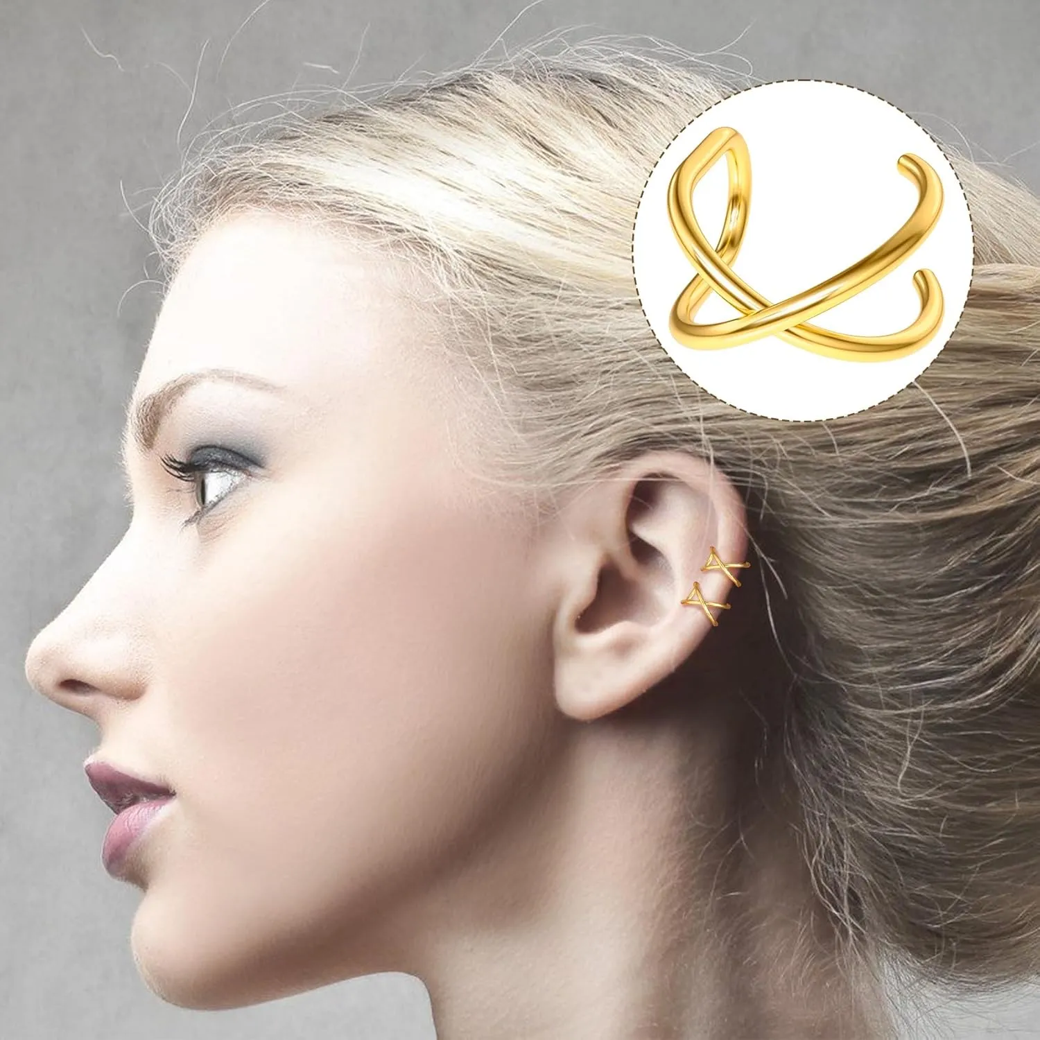 PAGOW Fake Helix Ear Cuff Cartilage Earring, No Piercing Sterling Silver 14K Gold Plated Simple Criss Cross Double Lines