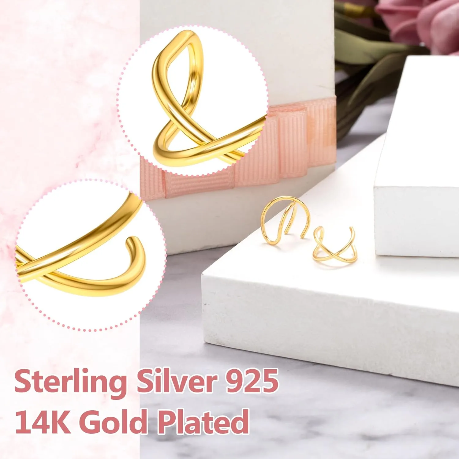 PAGOW Fake Helix Ear Cuff Cartilage Earring, No Piercing Sterling Silver 14K Gold Plated Simple Criss Cross Double Lines