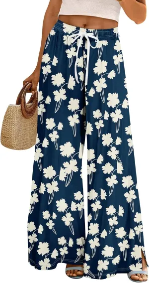 Palazzo Pants for Women Casual High Rise Floral Print Elastic Waistd Wide Leg Lounge Pants Summer Drawstring Outfits