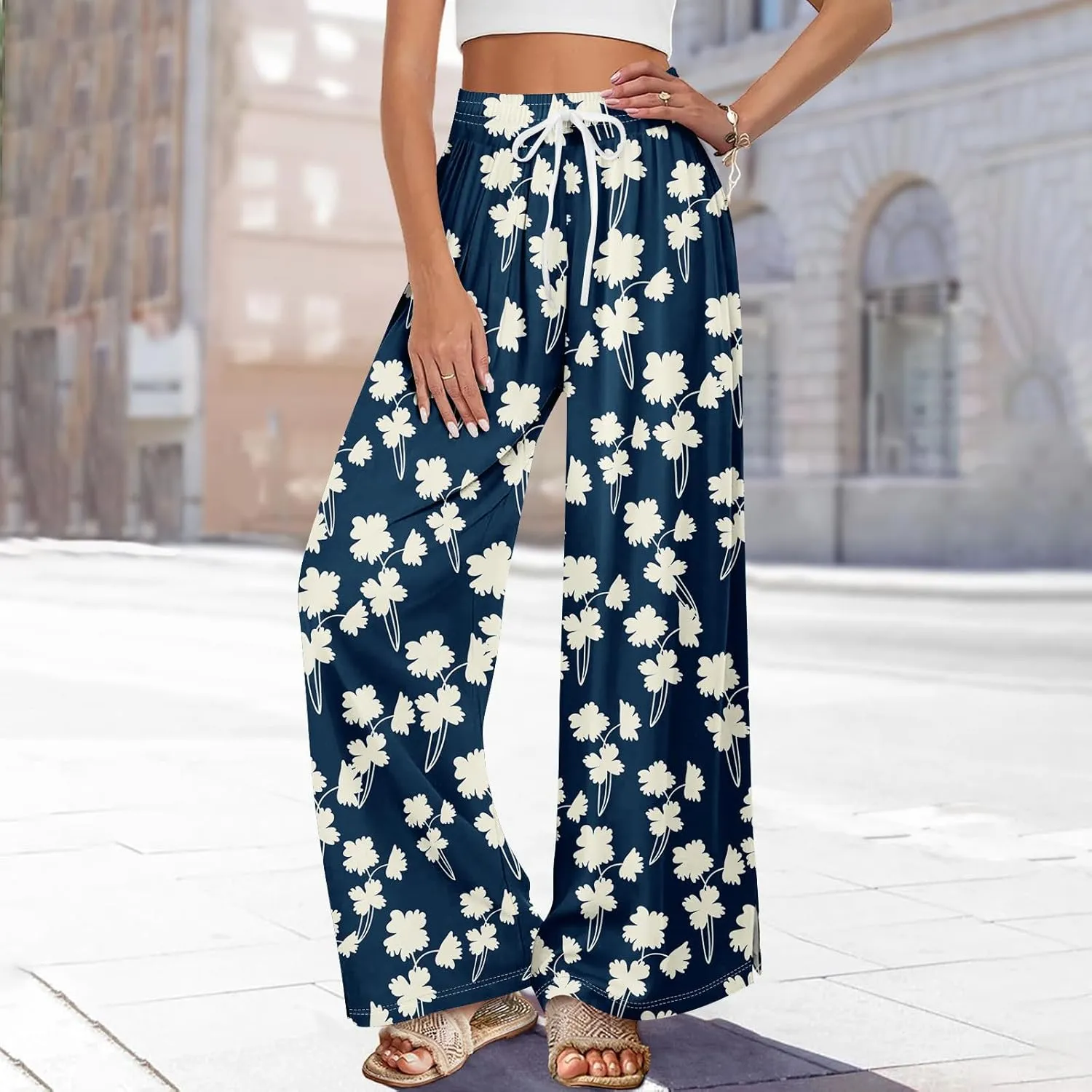 Palazzo Pants for Women Casual High Rise Floral Print Elastic Waistd Wide Leg Lounge Pants Summer Drawstring Outfits