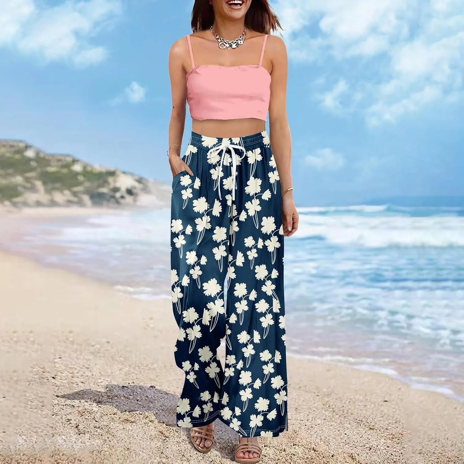 Palazzo Pants for Women Casual High Rise Floral Print Elastic Waistd Wide Leg Lounge Pants Summer Drawstring Outfits