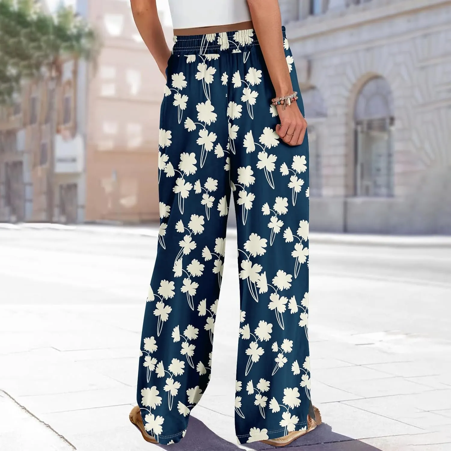 Palazzo Pants for Women Casual High Rise Floral Print Elastic Waistd Wide Leg Lounge Pants Summer Drawstring Outfits