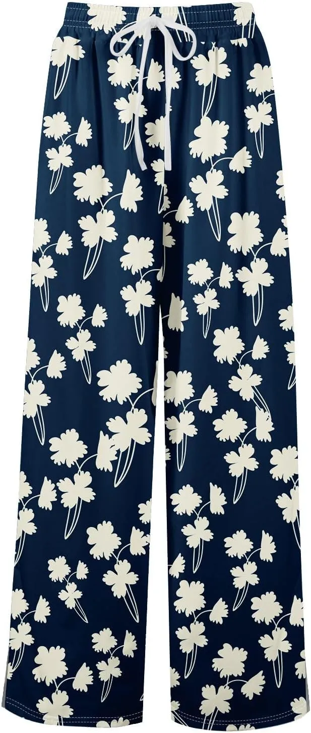 Palazzo Pants for Women Casual High Rise Floral Print Elastic Waistd Wide Leg Lounge Pants Summer Drawstring Outfits
