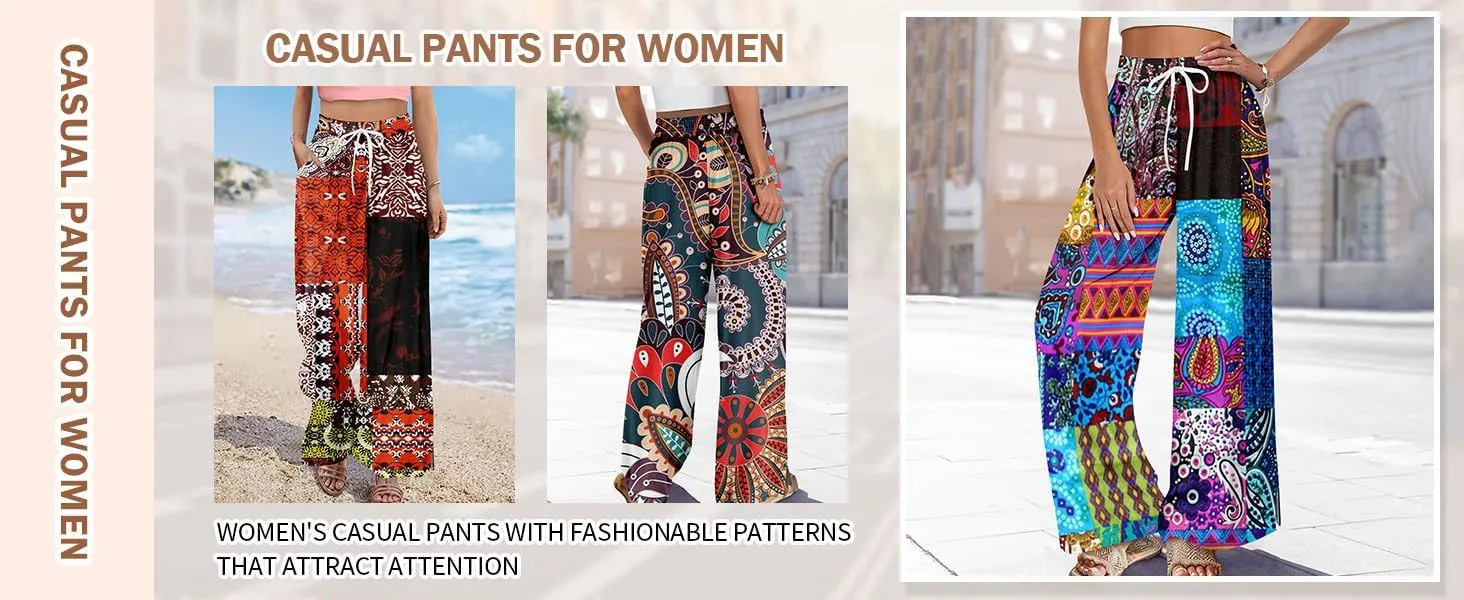 Palazzo Pants for Women Casual High Rise Floral Print Elastic Waistd Wide Leg Lounge Pants Summer Drawstring Outfits