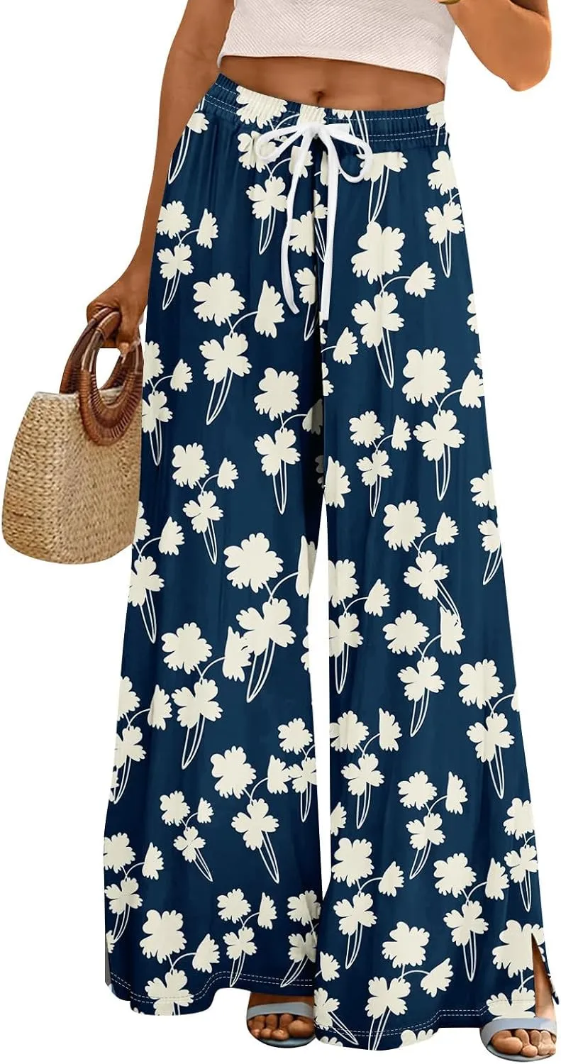 Palazzo Pants for Women Casual High Rise Floral Print Elastic Waistd Wide Leg Lounge Pants Summer Drawstring Outfits