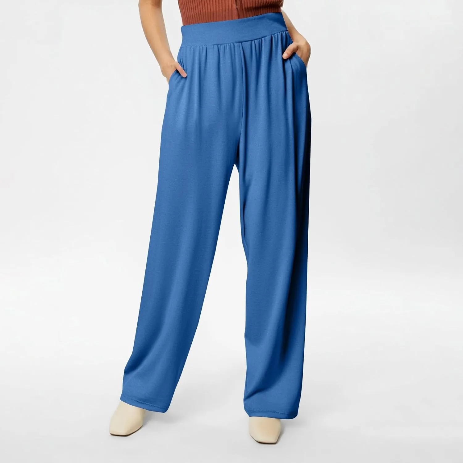 Pants for Women Plus Size Long Wide Leg High Waisted Pants Flowy Pleated Pull On Vacation Trousers with Pockets