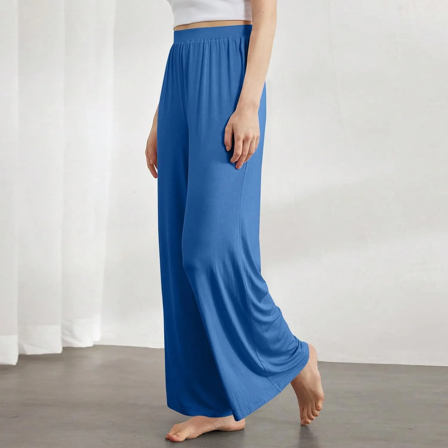 Pants for Women Plus Size Long Wide Leg High Waisted Pants Flowy Pleated Pull On Vacation Trousers with Pockets