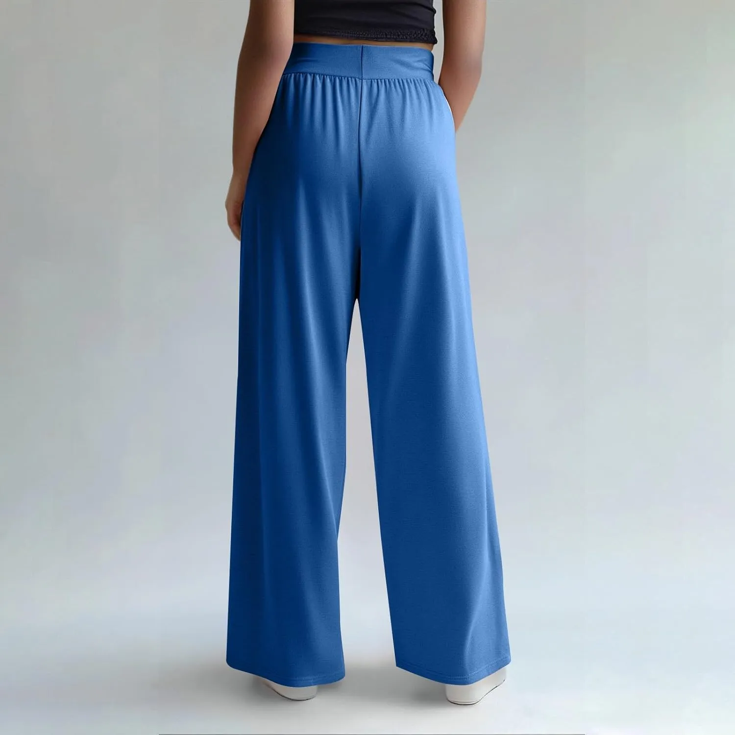 Pants for Women Plus Size Long Wide Leg High Waisted Pants Flowy Pleated Pull On Vacation Trousers with Pockets