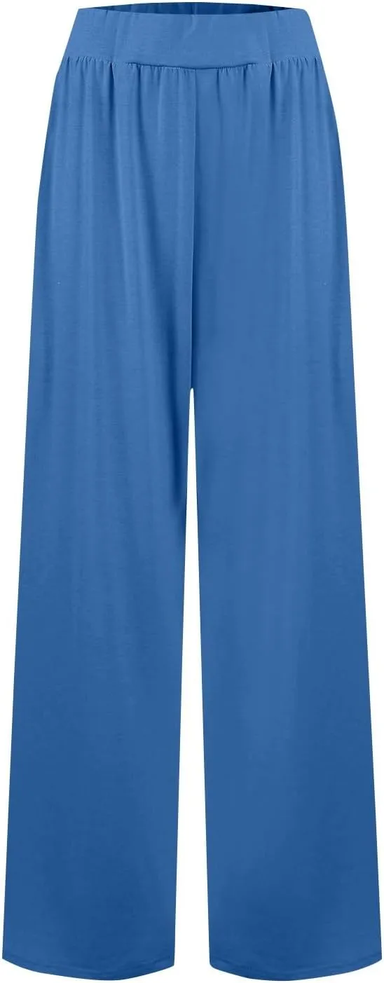 Pants for Women Plus Size Long Wide Leg High Waisted Pants Flowy Pleated Pull On Vacation Trousers with Pockets