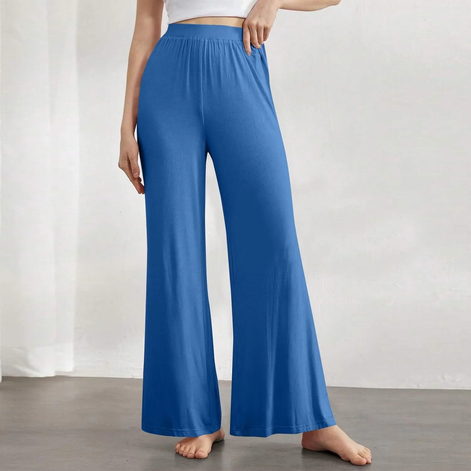 Pants for Women Plus Size Long Wide Leg High Waisted Pants Flowy Pleated Pull On Vacation Trousers with Pockets