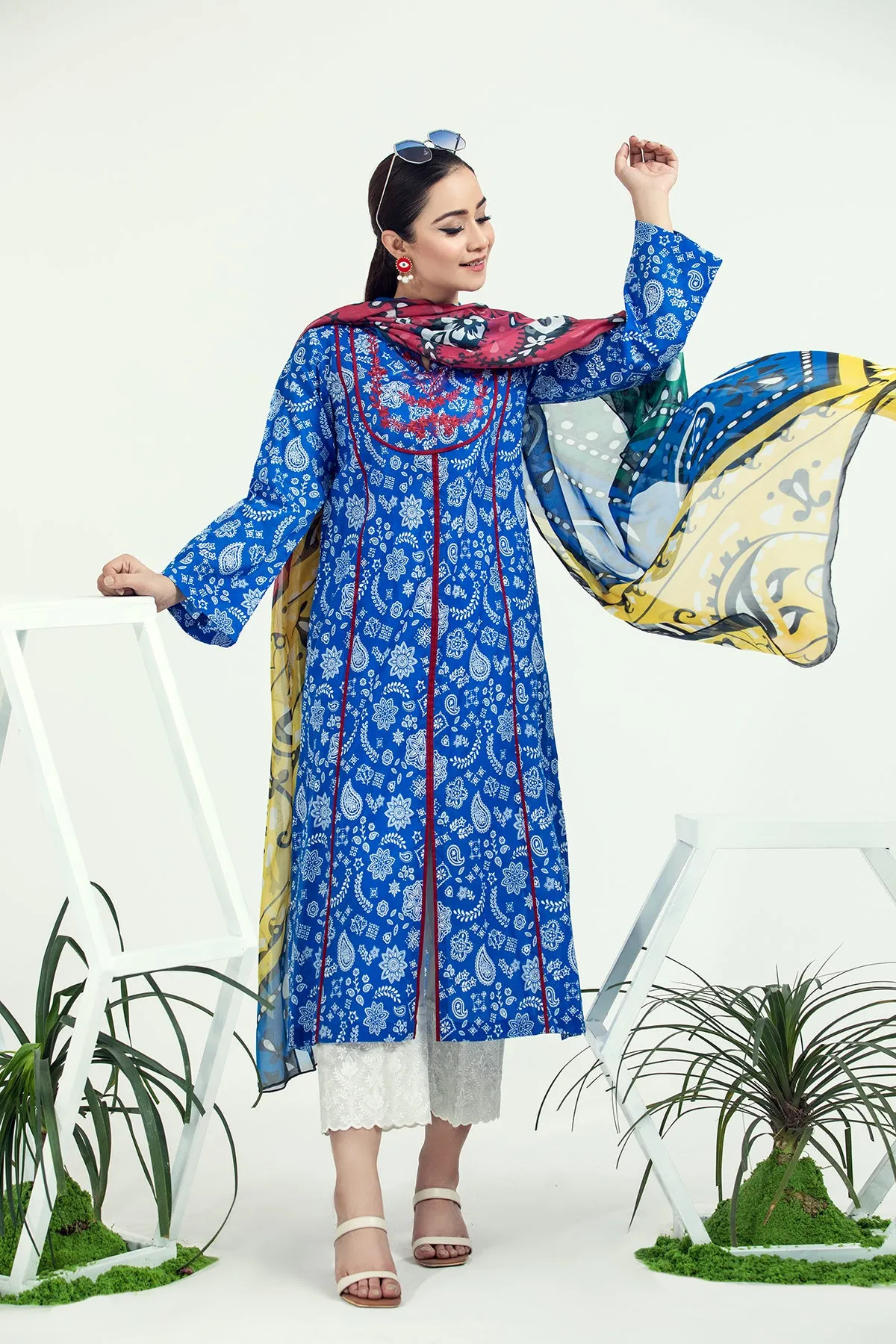 PE21-92 2PC-Classic Embroided Shirt With Silk Dupatta
