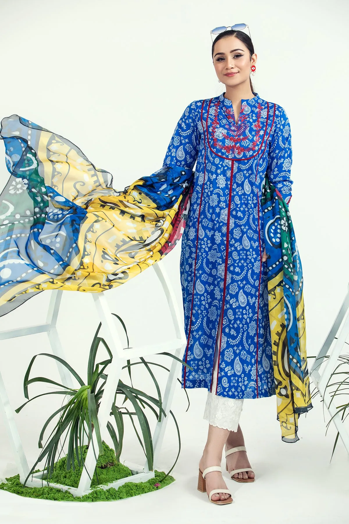 PE21-92 2PC-Classic Embroided Shirt With Silk Dupatta