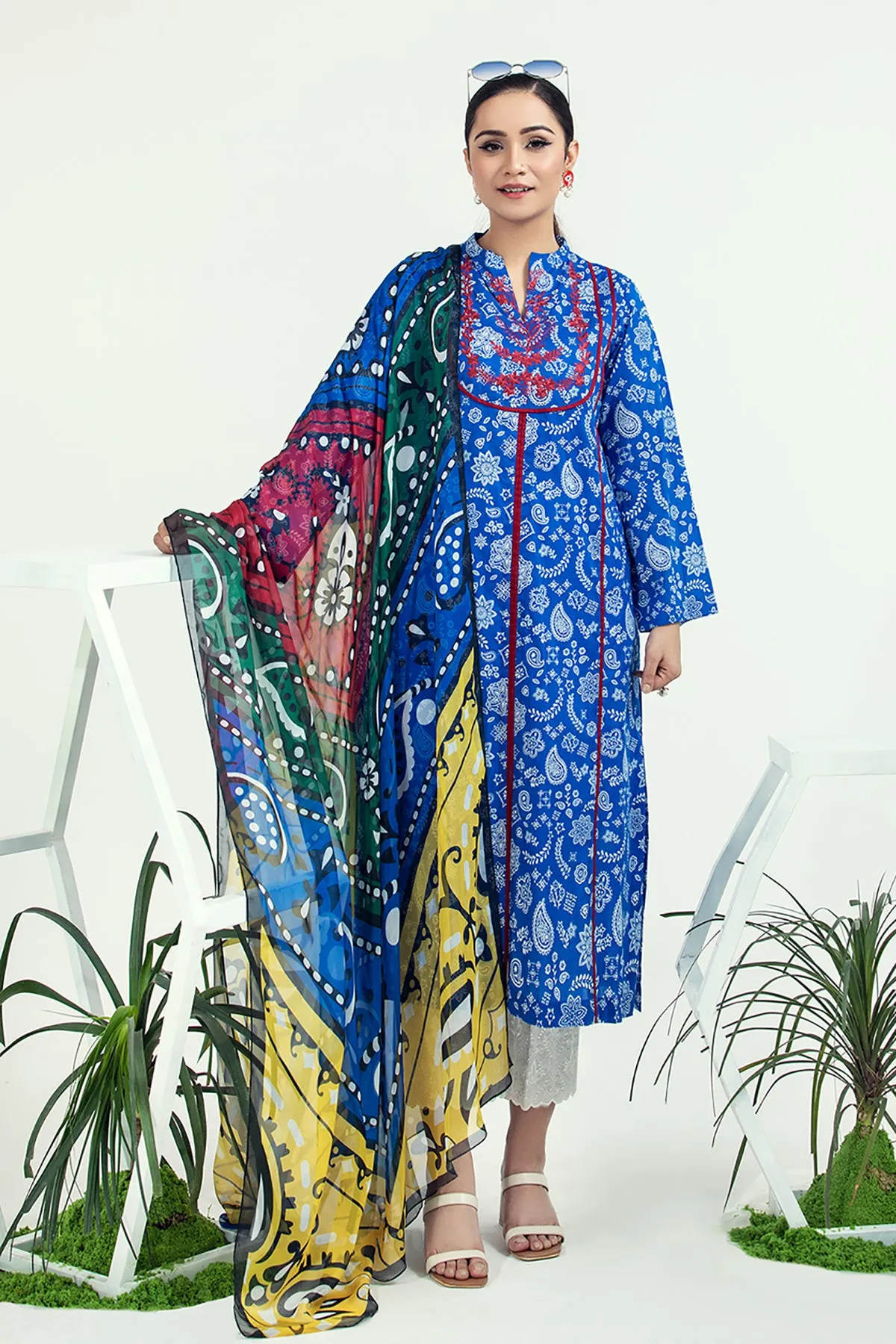 PE21-92 2PC-Classic Embroided Shirt With Silk Dupatta
