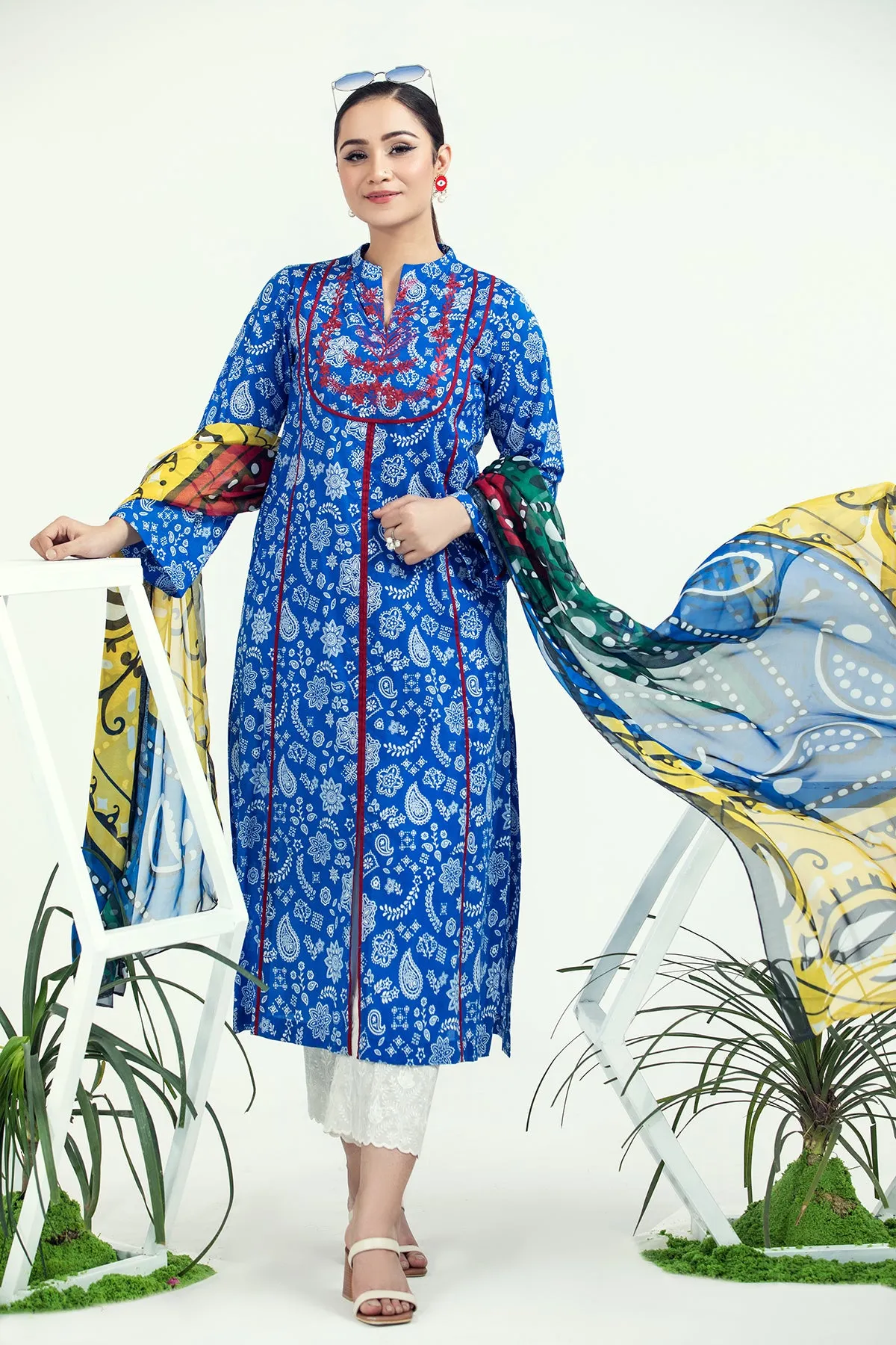 PE21-92 2PC-Classic Embroided Shirt With Silk Dupatta