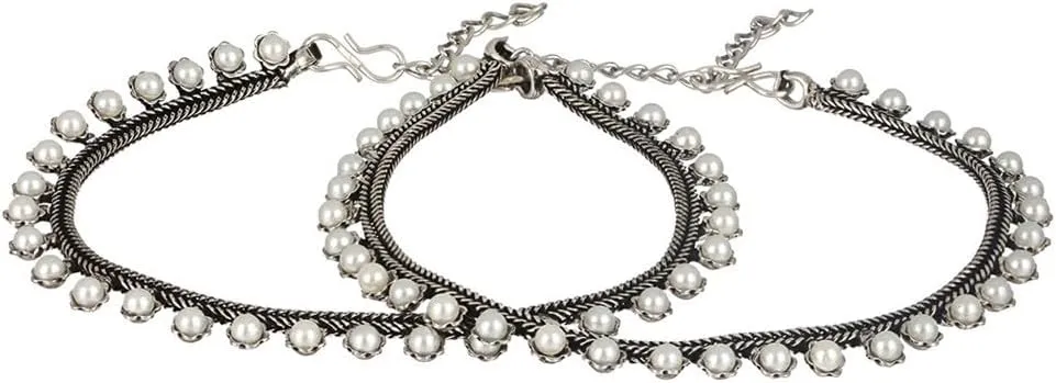 Pearl-Studded Silver-Plated Handcrafted Anklets, Set of 2
