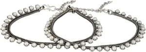 Pearl-Studded Silver-Plated Handcrafted Anklets, Set of 2