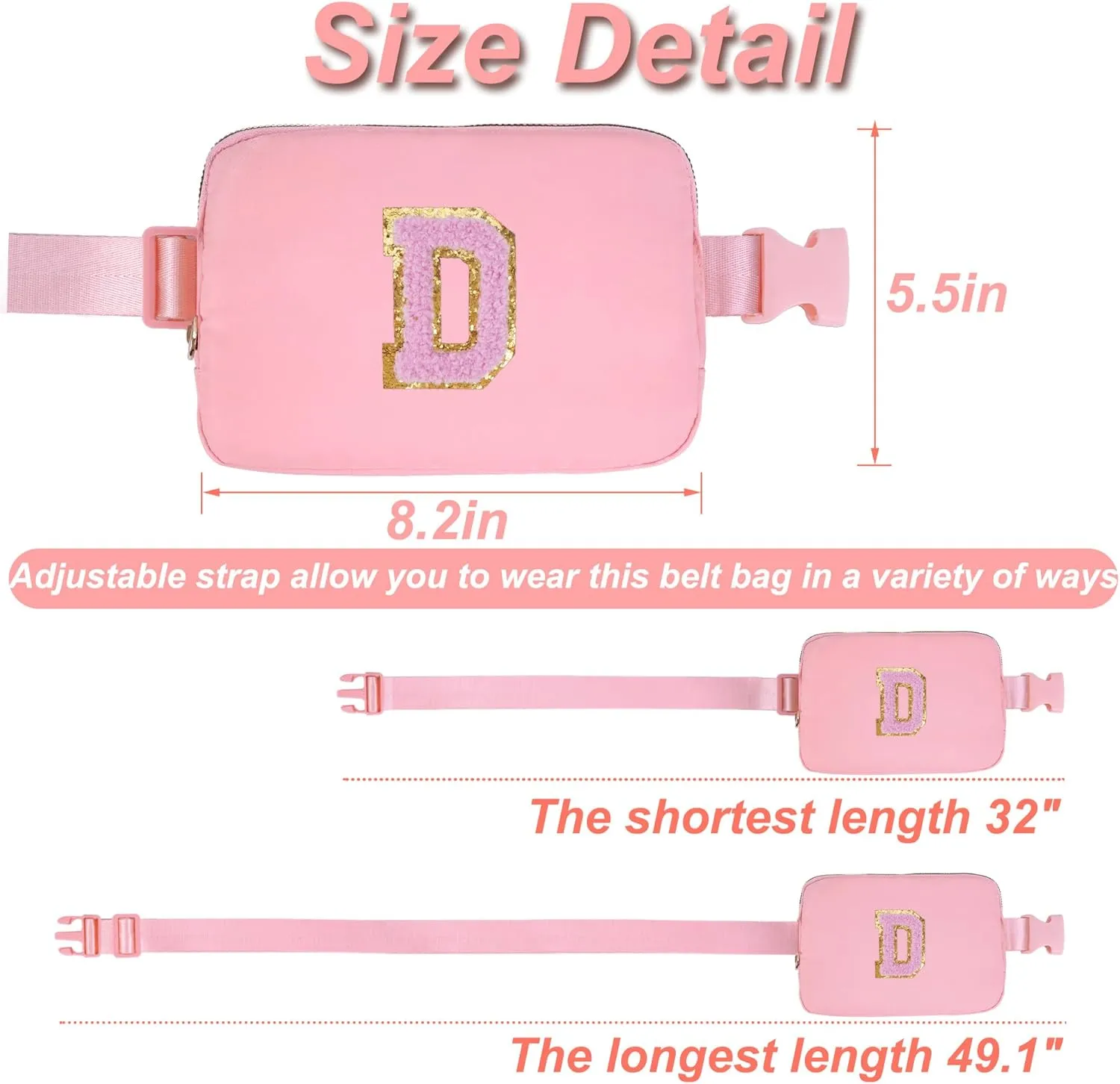 Personalized Belt Bag for Women Girls - Fashion Mini Waist Packs with Adjustable Strap - Trendy Travel Fanny Pack Crossbody Bags with Initial Letter - Teen Gifts | Peach,D