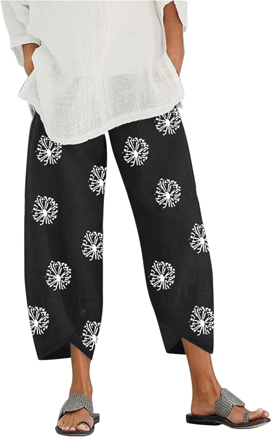 Petite Linen Pants for Women Relaxed Fit Cropped Palazzo Lounge Pants Lounge Long Trousers Summer Beach Vacation Pants