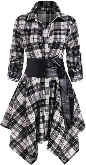 Plaid Dresses for Women Fall Long Sleeve Sleeve Dress Button Down Casual Dresses Christmas Belted Mini Shirtdress