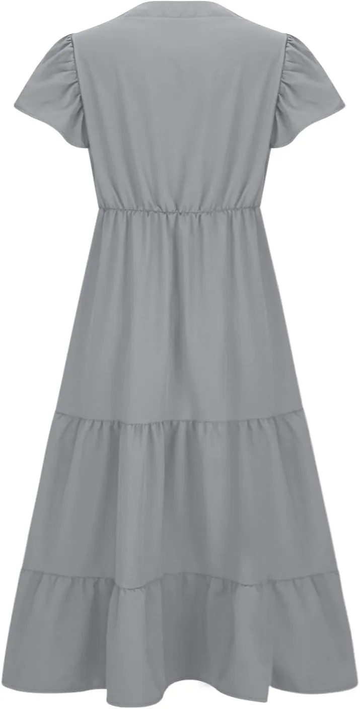Plus Size Dresses for Women Summer V Neck Ruffle Short Sleeve Maxi Dress Summer Tummy Control Pleated Hem Sundress