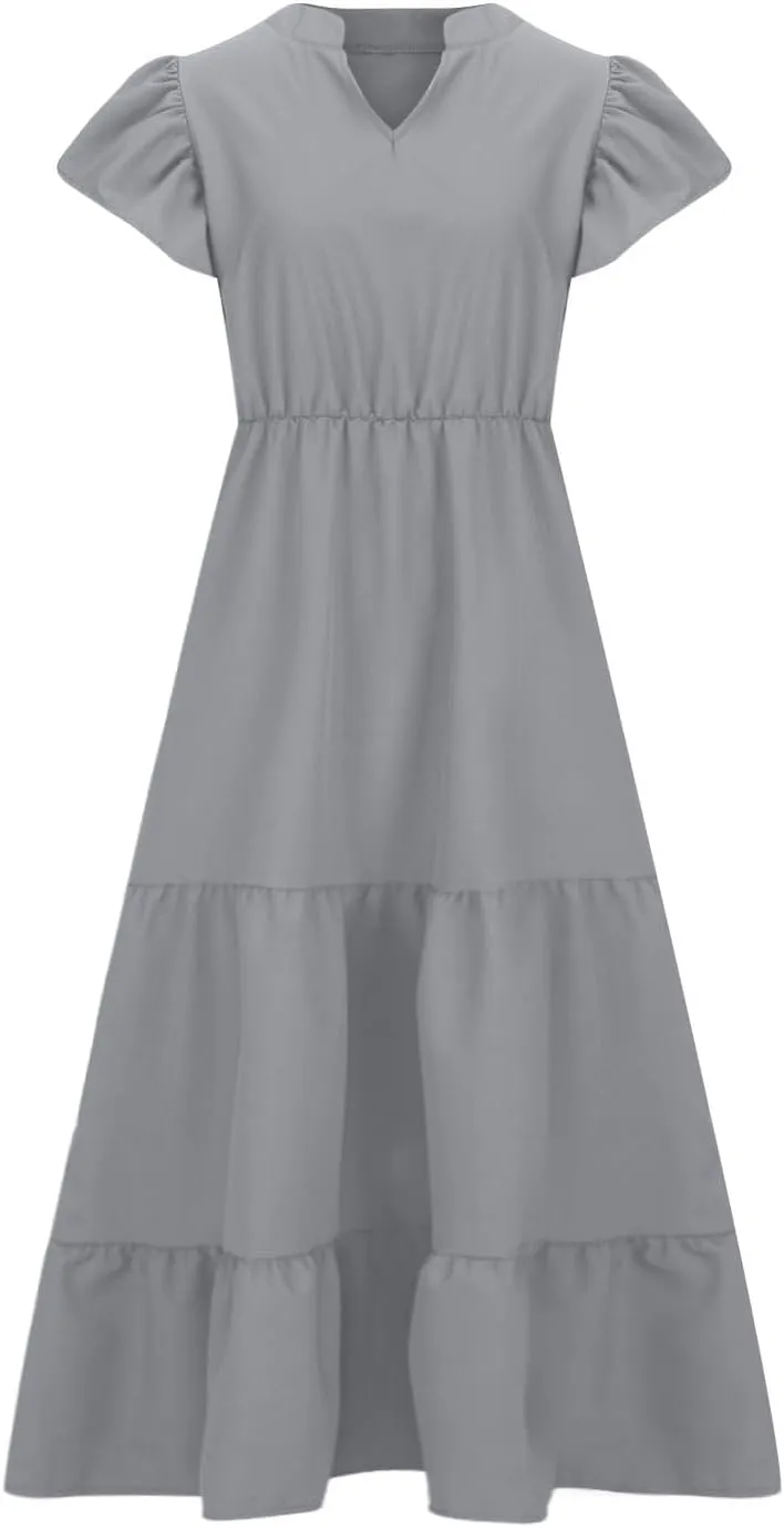 Plus Size Dresses for Women Summer V Neck Ruffle Short Sleeve Maxi Dress Summer Tummy Control Pleated Hem Sundress